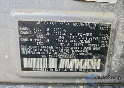 2011 Subaru Outback 2.5I Premium z USA, uszkodzony, nr VIN 4S4BRCGC5B3377176